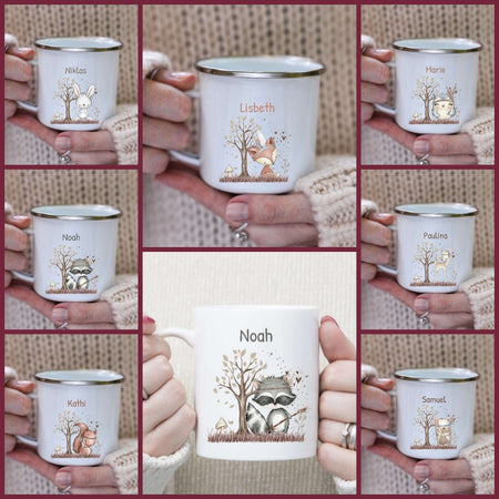 Tasse personalisiert Waldtiere Reh Fuchs Waschbär Eule mit Name Kinder Mädchen Junge Einschulung Kindertasse Keramik oder Emaille - CreativMade 