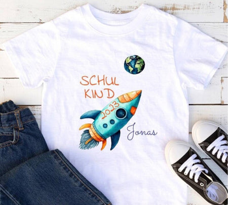T-Shirt Schulkind Einschulung mit Name Rakete Junge personalisiert - CreativMade 