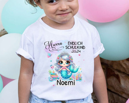 T-Shirt endlich Schulkind Meerjungfrau mit Name personalisiert Mädchen Einschulungsshirt Einschulung erste Klasse Geschenk - CreativMade 