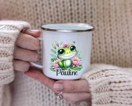 Tasse personalisiert Frosch mit Name Kinder Mädchen Einschulung Kindertasse Keramik oder Emaille - CreativMade 