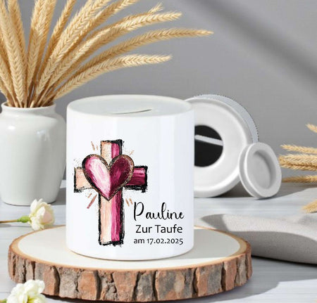 Personalisierte Taufspardose aus Keramik – Kreuz - Spardose zur Taufe mit Namen - CreativMade