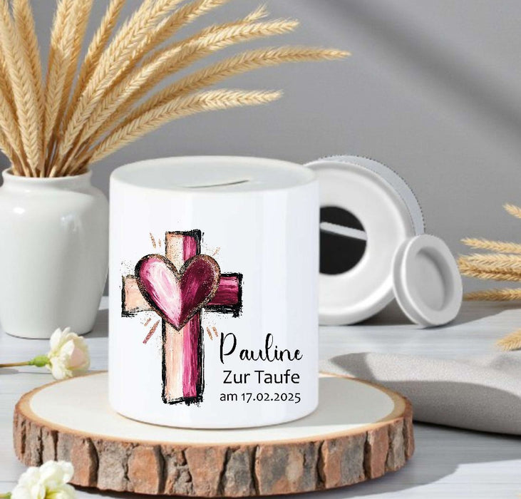 Personalisierte Taufspardose aus Keramik – Kreuz - Spardose zur Taufe mit Namen - CreativMade