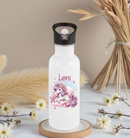Personalisierte Trinkflasche Kinder Einhorn Mädchen -  Edelstahl Trinkflasche mit Name - Strohhalm Geschenk Einschulung Geburtstag - CreativMade 
