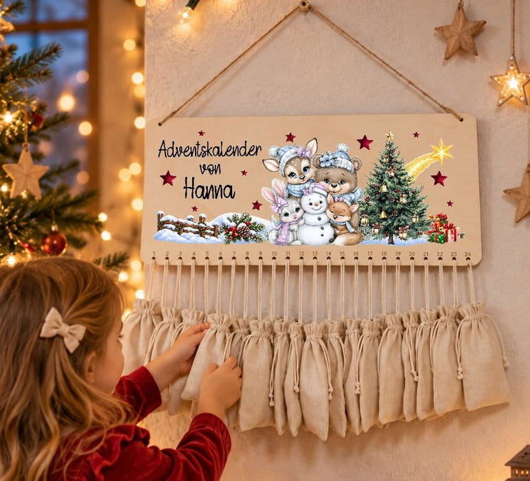 Personalisierter Adventskalender aus Holz mit Namen Tiere - Reh , Hase, Fuchs für Mädchen – zum Befüllen mit oder ohne Säckchen | CreativMade .