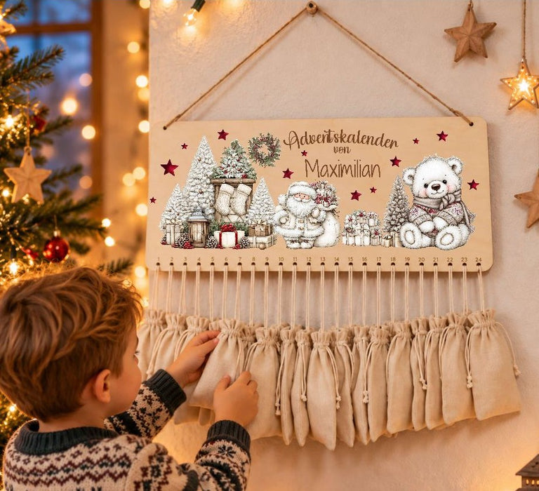 Personalisierter Adventskalender aus Holz mit Namen Wintertiere – zum Befüllen mit oder ohne Säckchen | CreativMade .