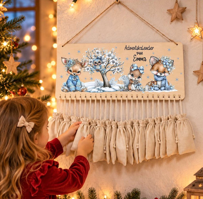 Personalisierter Adventskalender aus Holz mit Namen Waldtiere – zum Befüllen mit oder ohne Säckchen