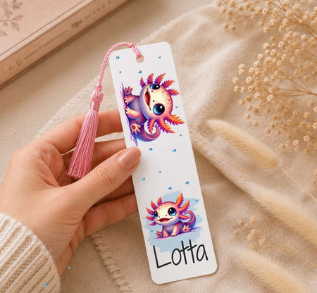 Personalisiertes Lesezeichen Axolotl mit Namen – Geschenk zur Einschulung für Mädchen Metall - CreativMade