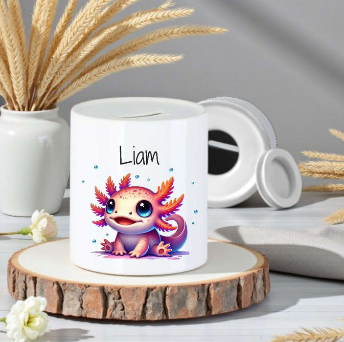 Personalisierte Kinderspardose mit Namen Axolotl - Keramik Spardose zur Einschulung, Geburt oder Taufe - CreativMade