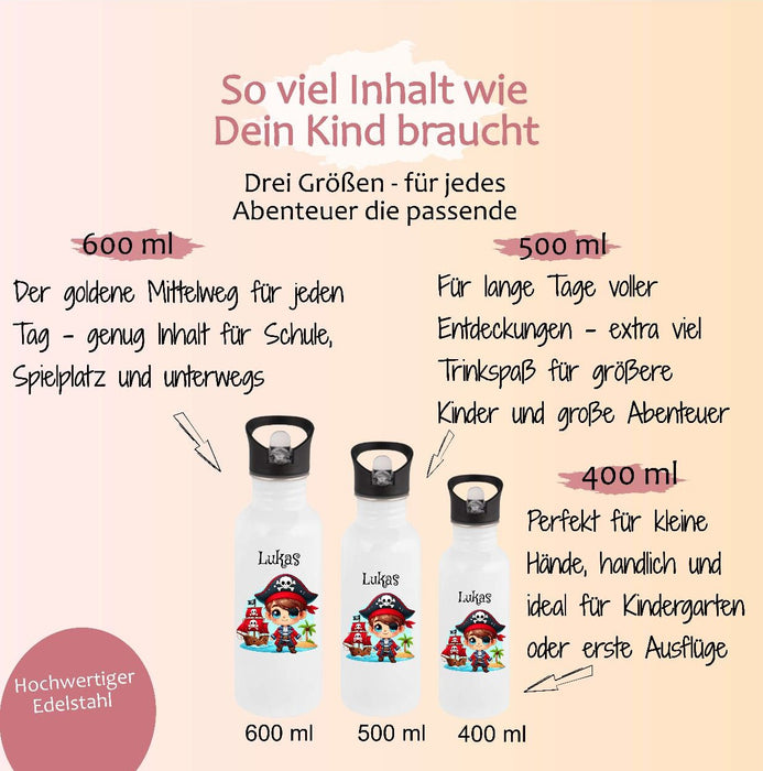 Personalisierte Trinkflasche Kinder Pirat -  Edelstahl Trinkflasche mit Name - Strohhalm Geschenk Einschulung Geburtstag - CreativMade 