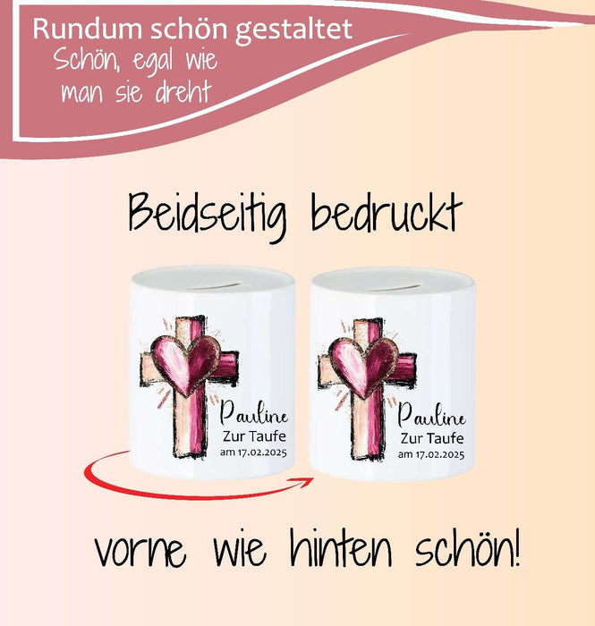 Personalisierte Taufspardose aus Keramik – Kreuz - Spardose zur Taufe mit Namen - CreativMade