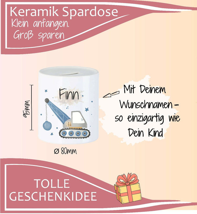 Personalisierte Kinderspardose mit Namen Radlader – Keramik Spardose zur Einschulung, Geburt oder Taufe - CreativMade