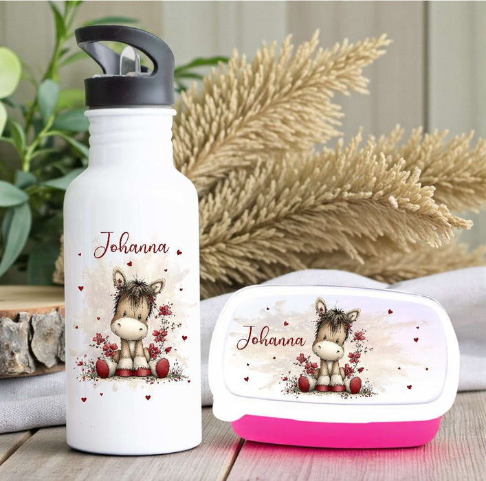 Kindergarten Set personalisiert Esel – Rucksack, Trinkflasche & Brotdose mit Namen Kitakind - CreativMade 