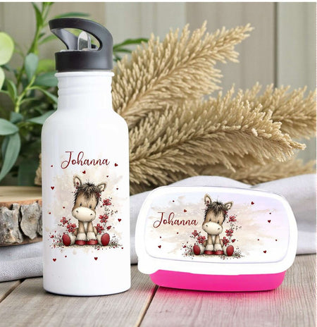 Brotdose & Trinkflasche personalisiert - Esel - Kinder Set mit Namen Edelstahl Trinkflasche - CreativMade 