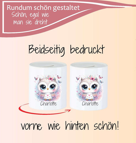 Personalisierte Kinderspardose mit Namen Eule – Keramik Spardose zur Einschulung, Geburt oder Taufe - CreativMade 