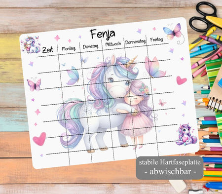 Personalisierter Stundenplan mit Name Einhorn Mädchen abwischbar Einschulung - CreativMade