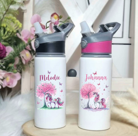 Personalisierte Trinkflasche mit Namen und Strohhalm Pferd Wasserflasche aufklappbares Mundstück - CreativMade