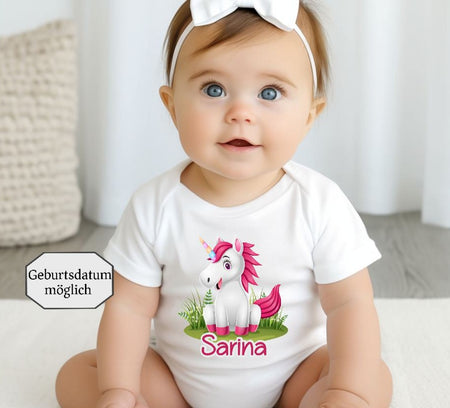 Babybody personalisiert Baby Body mit Name Einhorn Mädchen Baumwolle Strampler Baby - CreativMade 