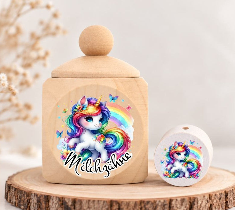 Milchzahndose Einhorn Regenbogen Holz mit Motivscheibe | DIY & Kreativbedarf 6 x 4cm Zahndose - CreativMade