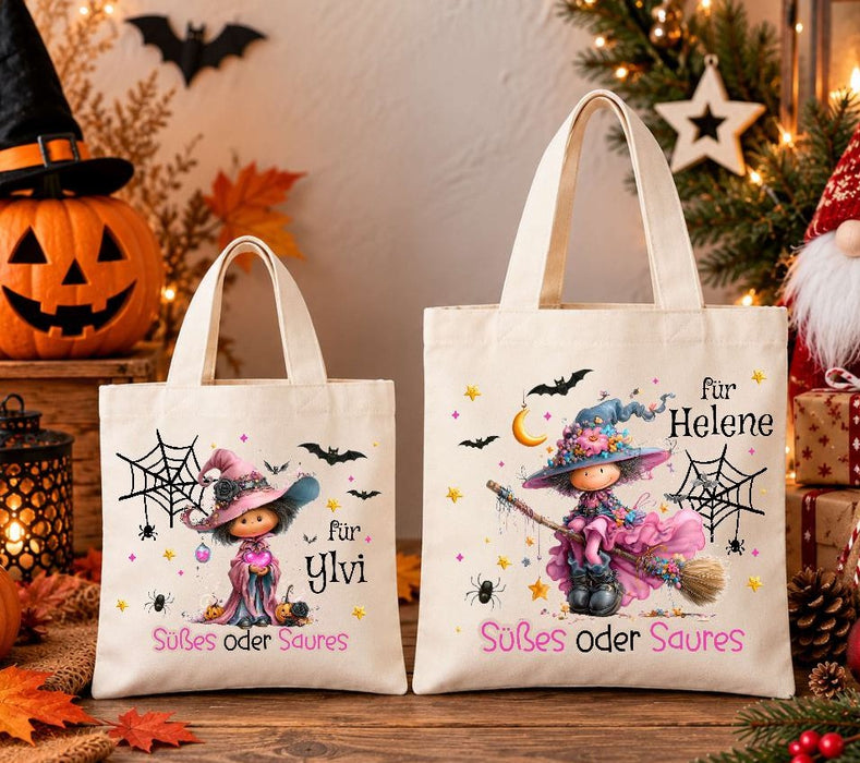 Halloween Beutel personalisiert mit Namen Hexe Mädchen Süßigkeiten Tasche