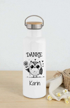 Personalisierte Thermosflasche Edelstahl Danke Hase oder Eule – Trinkflasche mit Bambusdeckel, doppelwandig & auslaufsicher für Büro, Sport & Reisen - CreativMade