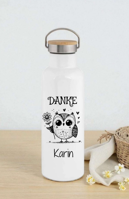 Personalisierte Thermosflasche Edelstahl Danke Hase oder Eule – Trinkflasche mit Bambusdeckel, doppelwandig & auslaufsicher für Büro, Sport & Reisen - CreativMade