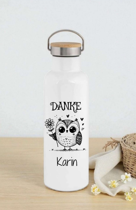 Personalisierte Thermosflasche Edelstahl Danke Hase oder Eule – Trinkflasche mit Bambusdeckel, doppelwandig & auslaufsicher für Büro, Sport & Reisen - CreativMade