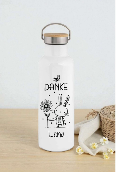 Personalisierte Thermosflasche Edelstahl Danke Hase oder Eule – Trinkflasche mit Bambusdeckel, doppelwandig & auslaufsicher für Büro, Sport & Reisen - CreativMade