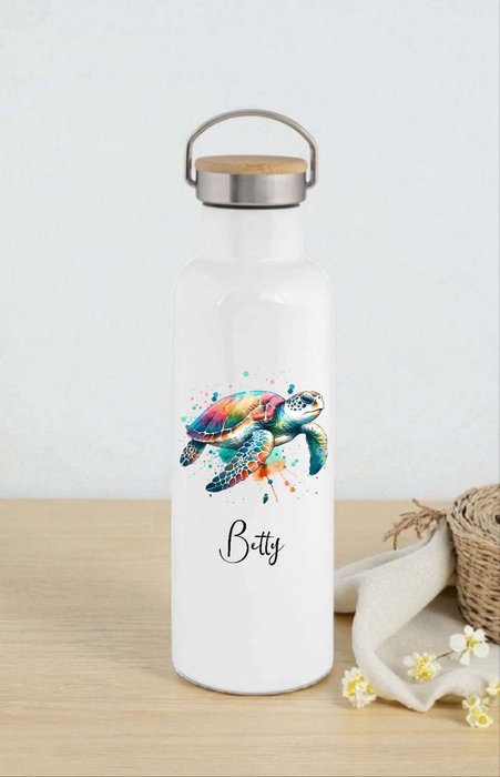 Personalisierte Thermosflasche Edelstahl Schildkröte – Trinkflasche mit Bambusdeckel, doppelwandig & auslaufsicher für Büro, Sport & Reisen - CreativMade
