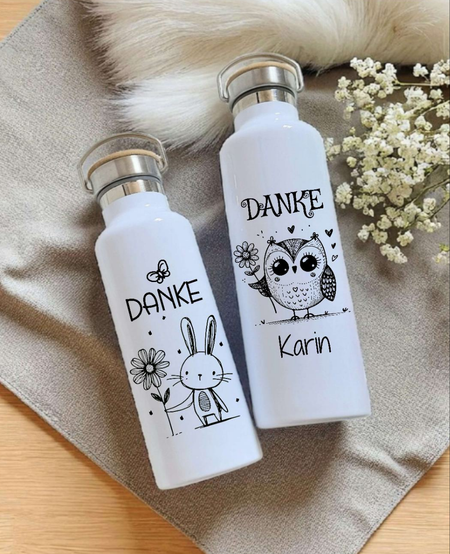 Personalisierte Thermosflasche Edelstahl Danke Hase oder Eule – Trinkflasche mit Bambusdeckel, doppelwandig & auslaufsicher für Büro, Sport & Reisen - CreativMade