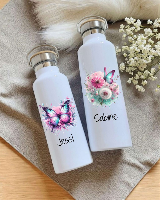 Personalisierte Thermosflasche Edelstahl Pusteblume Schmetterling – Trinkflasche mit Bambusdeckel, doppelwandig & auslaufsicher für Büro, Sport & Reisen - CreativMade