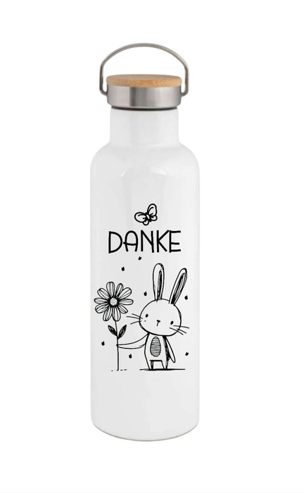 Personalisierte Thermosflasche Edelstahl Danke Hase oder Eule – Trinkflasche mit Bambusdeckel, doppelwandig & auslaufsicher für Büro, Sport & Reisen - CreativMade