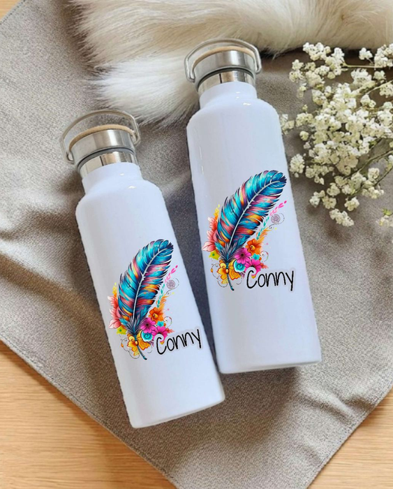 Personalisierte Thermosflasche Edelstahl Feder – Trinkflasche mit Bambusdeckel, doppelwandig & auslaufsicher für Büro, Sport & Reisen - CreativMade