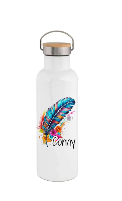 Personalisierte Thermosflasche Edelstahl Feder – Trinkflasche mit Bambusdeckel, doppelwandig & auslaufsicher für Büro, Sport & Reisen - CreativMade