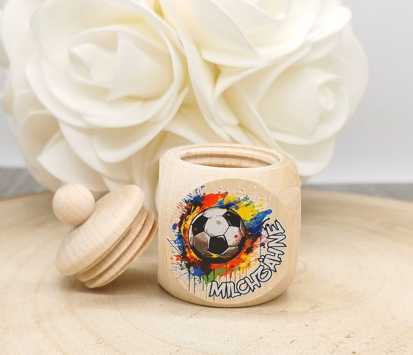 Milchzahndose personalisiert Fußball Zahndose mit Name Junge Holz Schraubverschluss - CreativMade 
