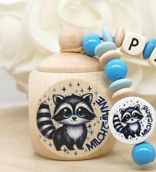 Milchzahndose personalisiert Waschbär Zahndose mit Name Junge Holz Schraubverschluss Geschenk Einschulung - CreativMade 