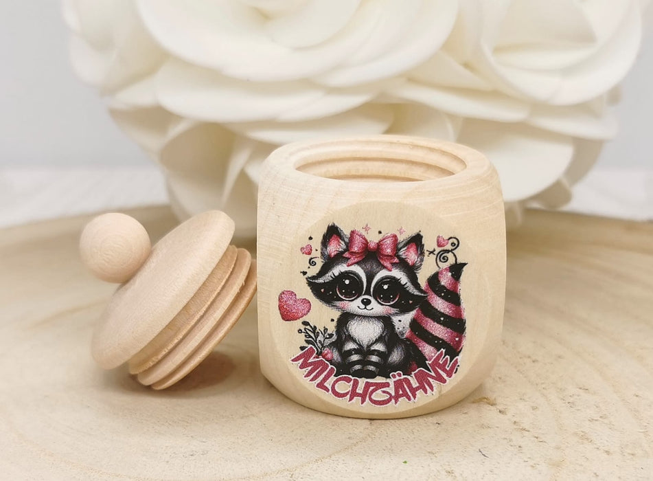 Milchzahndose personalisiert Waschbär Zahndose mit Name Mädchen Holz Schraubverschluss Geschenk Einschulung - CreativMade 