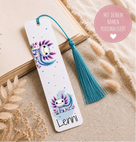 Personalisiertes Lesezeichen Axolotl mit Namen – Geschenk zur Einschulung für Jungen - CreativMade