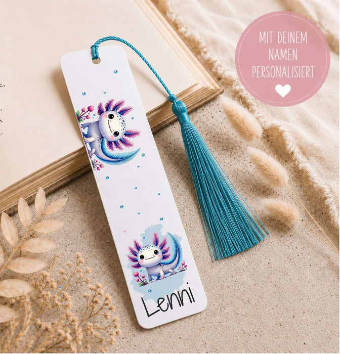 Personalisiertes Lesezeichen Axolotl mit Namen – Geschenk zur Einschulung für Jungen