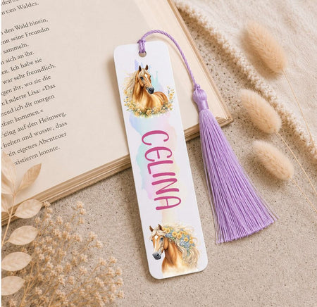 Personalisiertes Lesezeichen Pferd mit Namen – Geschenk zur Einschulung für Mädchen Metall - CreativMade