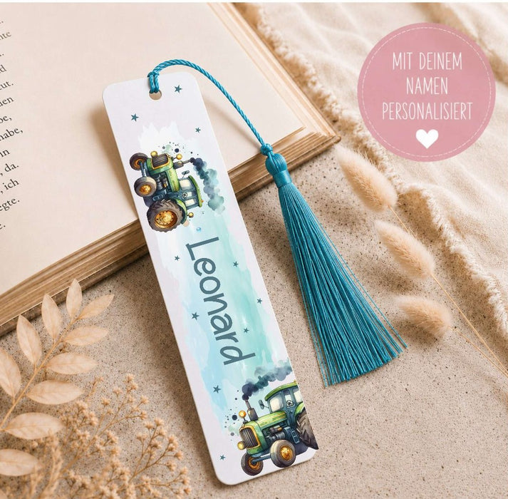 Personalisiertes Lesezeichen mit Namen Traktor für Jungen Geschenk zur Einschulung 