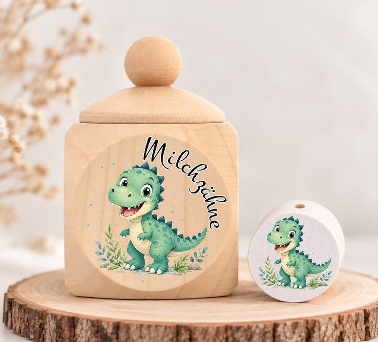 Milchzahndose Dinosaurier Holz mit Motivscheibe | DIY & Kreativbedarf 6 x 4cm Zahndose | CreativMade .