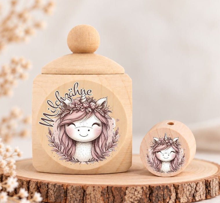 Milchzahndose Einhorn Kranz Holz mit Motivscheibe | DIY & Kreativbedarf 6 x 4cm Zahndose | CreativMade .