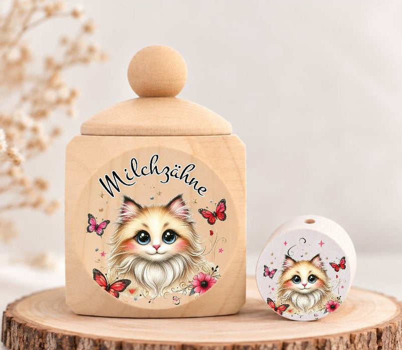 Milchzahndose Katze Holz mit Motivscheibe | DIY & Kreativbedarf 6 x 4cm Zahndose