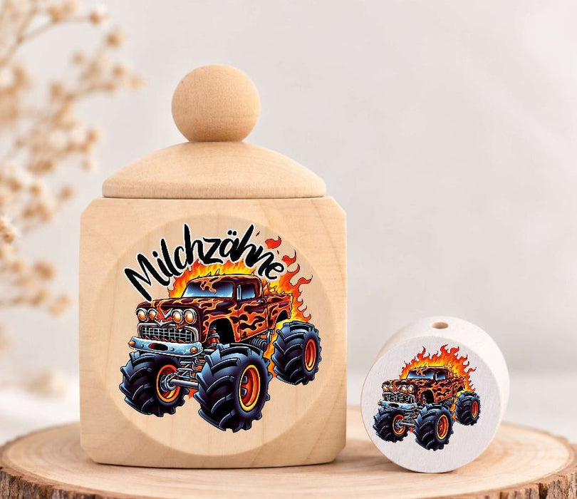 Milchzahndose Monstertruck Holz mit Motivscheibe | DIY & Kreativbedarf 6 x 4cm Zahndose | CreativMade .