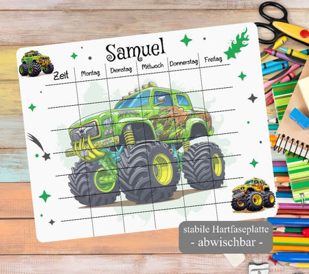 Personalisierter Stundenplan mit Name Monstertruck Jungen abwischbar Einschulung - CreativMade