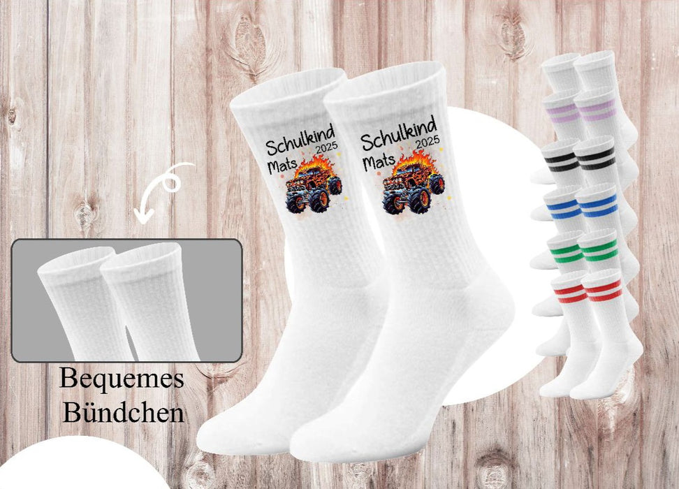 Kindersocken Einschulung Monstertruck – 100 % Baumwolle Größe 27–36 Unisex - CreativMade