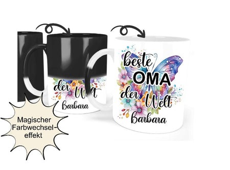 Tasse beste Oma der Welt personalisiert Zaubertasse versteckte Botschaft Farbwechsel Tasse magische Tasse Schmetterling Keramik - CreativMade 