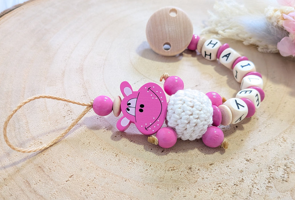 Schnullerkette mit Namen Hippo Mädchen Geschenk zur Geburt oder Taufe - CreativMade 