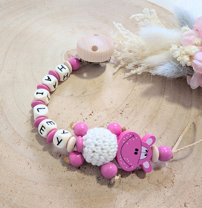 Schnullerkette mit Namen Hippo Mädchen Geschenk zur Geburt oder Taufe - CreativMade 