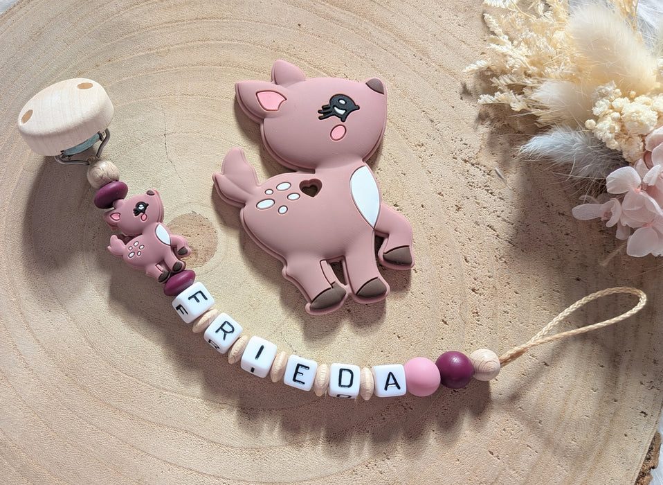 Beißkette mit Name Mädchen Reh Weinrot - CreativMade